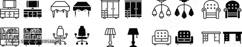 Home and Office Furniture Icons Set – Sofa, Desk, Wardrobe, TV Cabinet, Bookshelf, Lamp and Chair Line and Solid Vector Design Collection.
