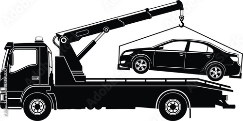 Black silhouette of a hydraulic crane tow truck lifting a passenger car onto a flatbed trailer for roadside assistance, vehicle recovery and emergency transport.