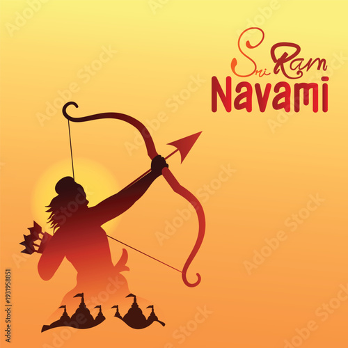Happy Ram Navami Festival of India Vector Illustration with arrow – Lord Sri Rama Birthday Celebration, Hindu Religious Banner Design and silhouette