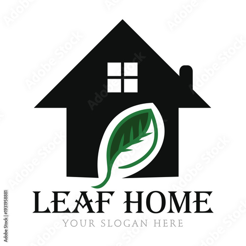  eco-friendly home logo featuring a house silhouette with a leaf inside, symbolizing sustainable living and environmentally conscious housing.