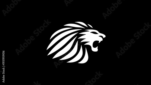 A fierce lion head rendered in white against a solid black background, showcasing intricate details