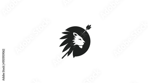 A striking, minimalistic logo featuring a lion's head with an arrow through a black circle