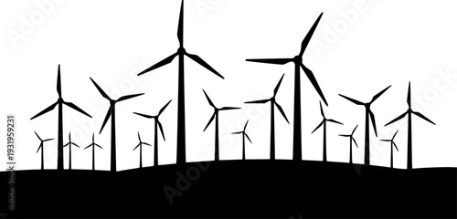 Black silhouette wind turbines a white background representing renewable energy generation