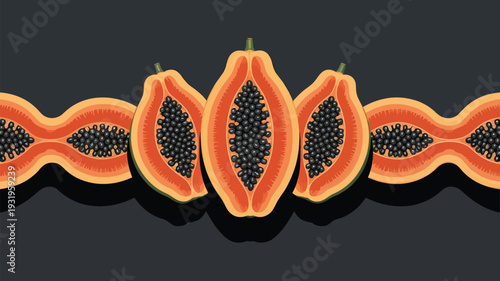 Vibrant papaya slices with black seeds on dark background