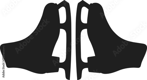 Black silhouette of a pair of ice skates facing each other isolated on white background for winter sports equipment vector illustration and icons.