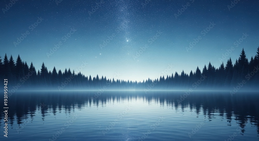 Fototapeta premium Starry Night Sky Over Serene Forest Lake Reflection