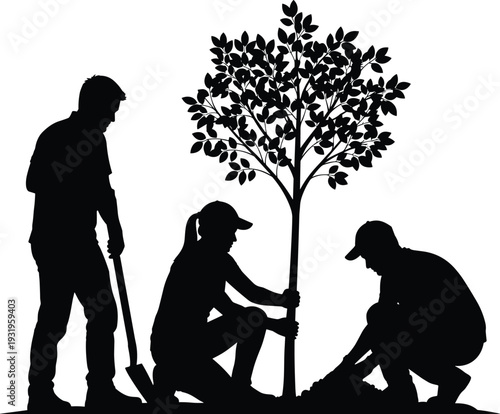 Team planting tree silhouette, environmental conservation and community gardening concept vector illustration isolated on white background for design