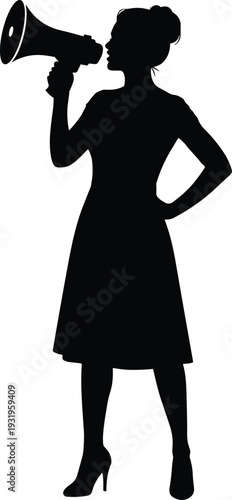 Woman with megaphone silhouette, female protest or announcement concept vector illustration isolated on white background for advocacy design