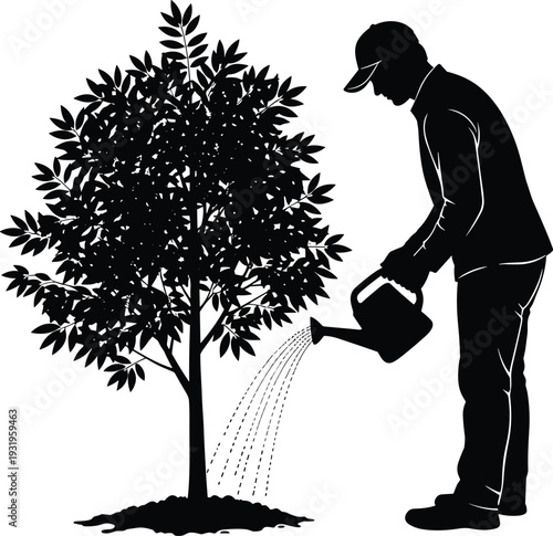 Man watering tree silhouette, gardening and plant care concept vector illustration isolated on white background for environmental design