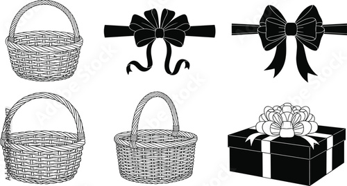 Wicker basket and gift bow set, decorative ribbon and present box vector illustration isolated on white 