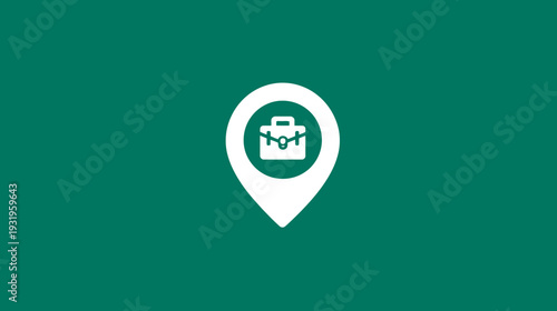 A white location marker icon, enclosing a briefcase, against a green background