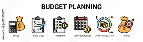 Budget Planning web banner icon vector illustration concept with icons of budget, budgeting, planning, monthly budget, money allocation, and target.
