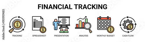 Financial Tracking web banner icon vector illustration concept with icons of tracking, spreadsheet, presentation, analysis, monthly budget, and cash flow.