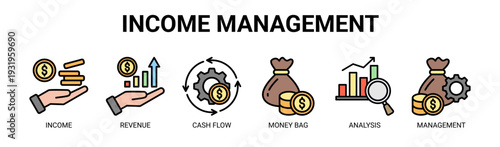 Income Management web banner icon vector illustration concept with icons of income, revenue, cash flow, money bag, analysis, and management.