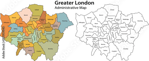 Greater london administrative map with colored and outlined boroughs on white background for navigation and planning purposes effectively