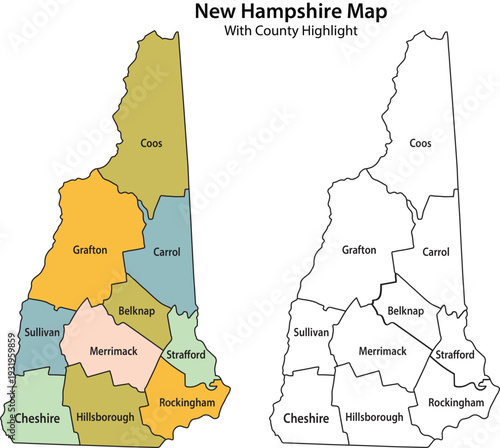 Photos New hampshire county map with highlighted regions and boundaries