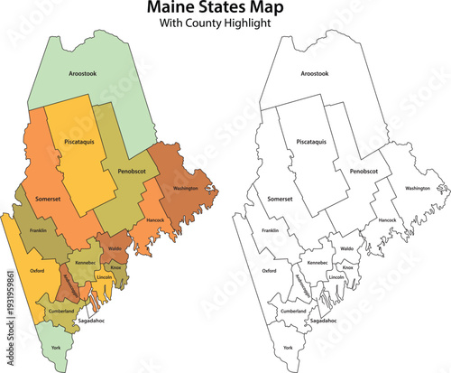 Maine county map with highlighted regions and boundaries us state map illustration