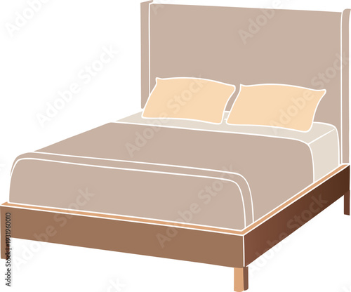 Beige and brown king sized bed with two yellow pillows vector illustration EPS PNG file