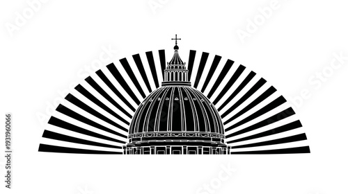 A monochrome illustration of a domed building with a cross. Sunburst design forms a semicircle behind