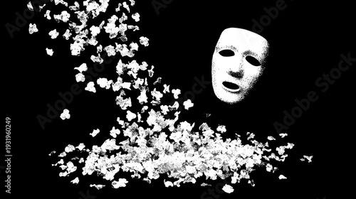 A white theatrical mask with black background. Abstract white forms drift near it