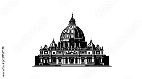 A black and white illustration of a large building with a dome and multiple smaller cupolas