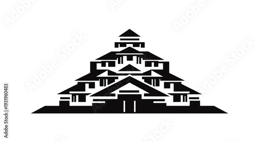 A symmetrical, minimalist illustration of a layered architectural structure in black against a white background