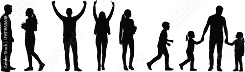 Silhouettes of diverse human figures representing conversation, celebration, dancing, reading, walking, parenting, and childhood interaction symbolizing relationships and development illustration