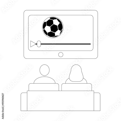 A simple linear icon with people watching a streaming service on smart TV sitting at home on the couch. Vector illustration with editable stroke.