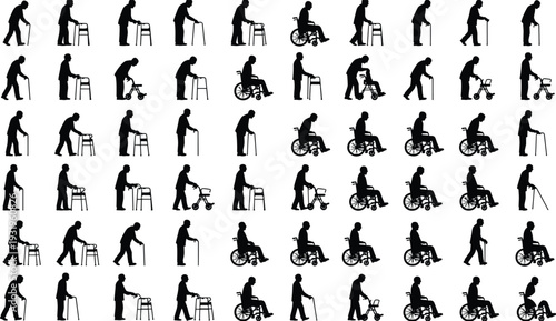 Silhouettes of elderly individuals using walkers, wheelchairs, and rollators symbolizing accessibility, support, aging, mobility assistance, independence, and healthcare illustration