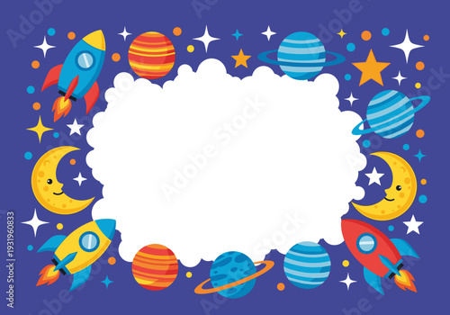 Colorful space-themed background with rockets and planets, perfect for children's designs, copy space
