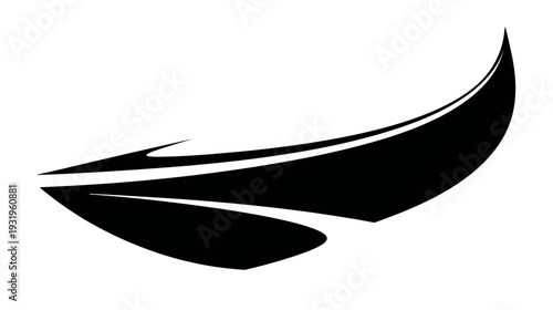 Black and white abstract graphic composed of curved and angled lines on white background