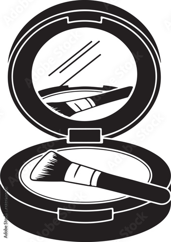 A stylized black and white illustration of an open makeup powder compact with an integrated mirror and an applicator brush. This graphic is ideal for beauty, fashion, and cosmetic-themed designs.