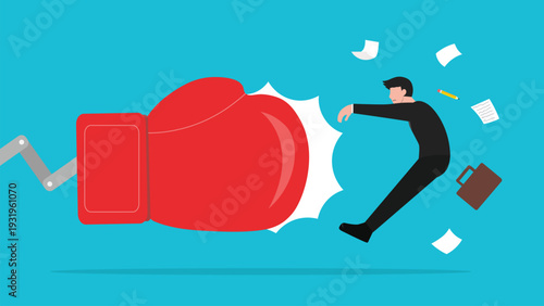 Giant robotic boxing glove punching a businessman concept vector illustration. Business failure, market crash and economic crisis metaphor.