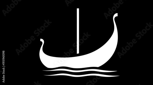 A stark white silhouette of a longboat, mast, and water waves, contrasted against a black background