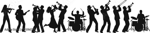 Silhouettes of jazz band ensemble with violin, guitar, trumpet, saxophone, trombone, drums, and dancer symbolizing live music performance illustration