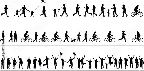Silhouettes of people walking, running, cycling, flying kite, playing ball, celebrating, waving, holding balloons symbolizing recreation, health, joy, and community illustration