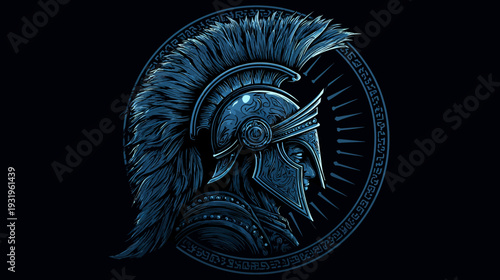 Stylized, blue-toned illustration of a warrior's head in profile, framed by a circular pattern