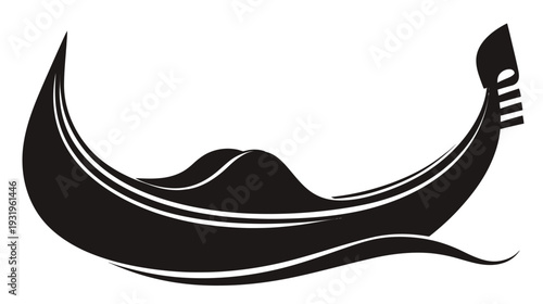 A stylized monochrome image of a gondola, its hull and elevated prow in smooth, curved lines
