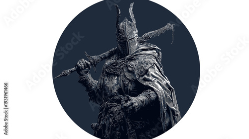 Illustration of a medieval knight in detailed armor and helm holding a sword, within a navy circle