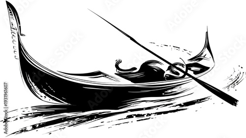 Stylized black and white drawing of a gondola, with oar, on water