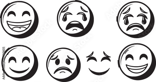 A set of black ink hand-drawn emoticons on a white background. This collection includes a range of emotions such as deep sadness, joyful laughter, and smiling faces.