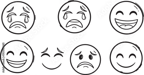 A set of black ink hand-drawn emoticons on a white background. This collection includes a range of emotions such as deep sadness, joyful laughter, and smiling faces.