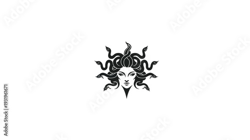 A monochrome illustration of a female face with snakes for hair, set against a blank white backdrop