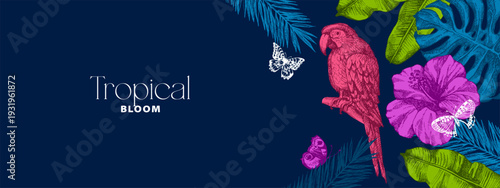 Vintage tropical background with exotic vibe. Parrot, tropical leaves, hibiscus, butterflies. Coffee, restaurant, food packaging, event decor concept. Hand drawn sketch vector illustration.