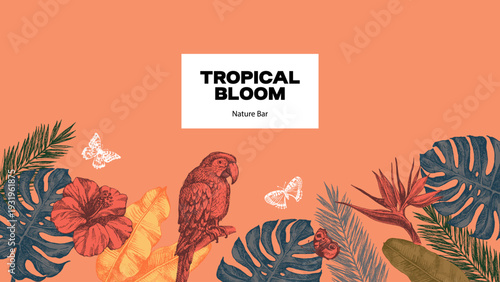 Tropical background with exotic vibe. Parrot, tropical leaves, hibiscus, butterflies. Coffee, restaurant, food packaging, event decor concept. Hand drawn retro sketch vector illustration.
