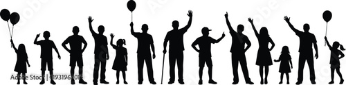 Silhouetted group of diverse people including adults and children with balloons, cane, and gestures symbolizing unity, celebration, diversity illustration