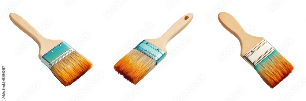 Fototapeta premium Set of Wooden and metal-handled paintbrushes lying flat on transparent png background. Ai generated