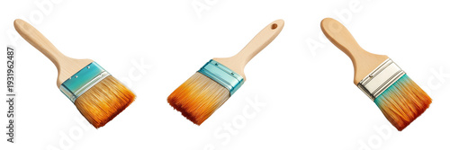 Set of Wooden and metal-handled paintbrushes lying flat on transparent png background. Ai generated