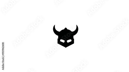 A simple, black graphic of a Viking helmet with horns and eye openings on a white background