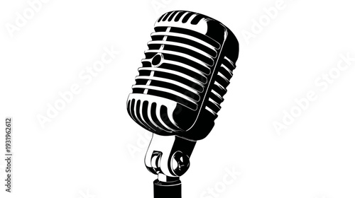 Black and white illustration of an old-fashioned microphone, featuring a simple, clear design
